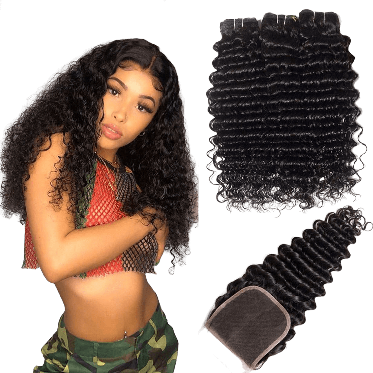 Tissage Brésilien Bouclé Deep Wave (3 Paquets + Closure)